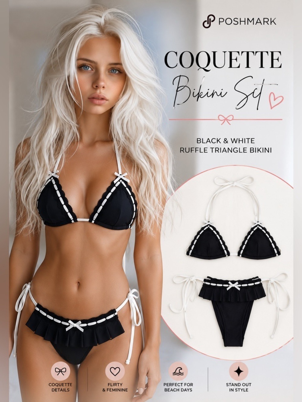 Coquette Black White Ruffle Triangle Bikini Set Size Medium & Large Available